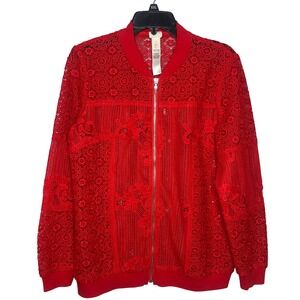 Chico's Red Floral Lace Crochet Full Zip Bomber Jacket Medium Semi Sheer Chico 1